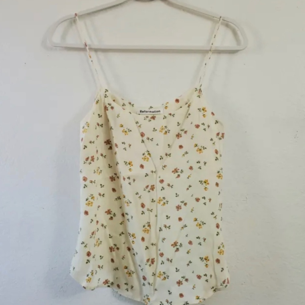 Reformation Womens Tank Top XS Ivory Floral Print Spaghetti Strap Blouse Summer